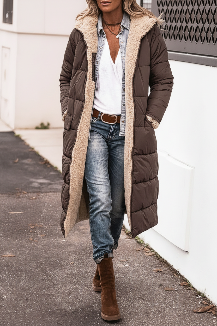 Léana | Manteau long doublé en sherpa réversible