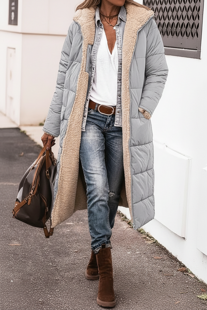 Léana | Manteau long doublé en sherpa réversible