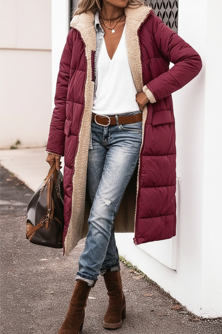 Léana | Manteau long doublé en sherpa réversible